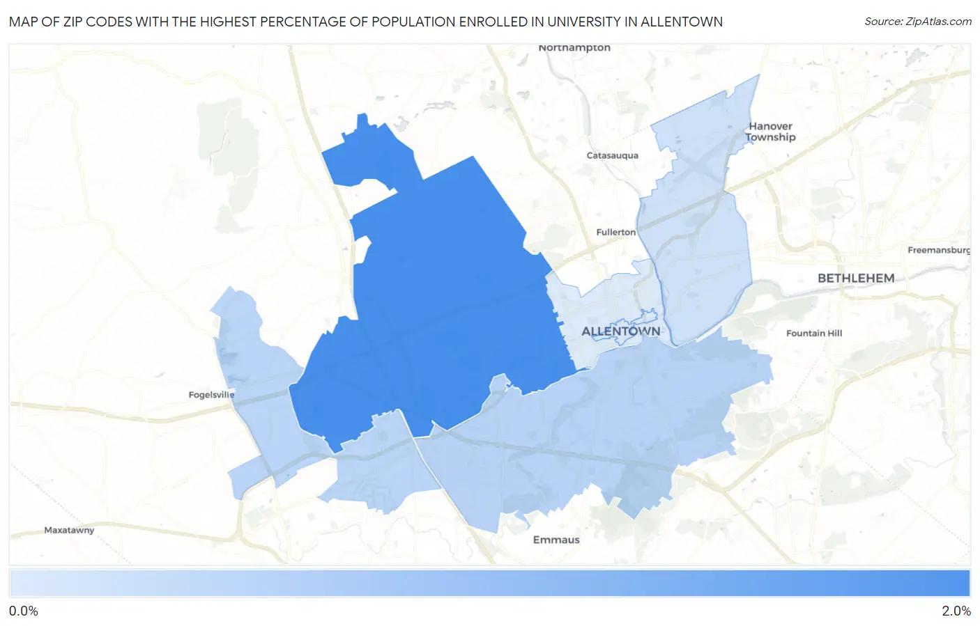 Zip Codes with the Highest Percentage of Population Enrolled in University in Allentown Map