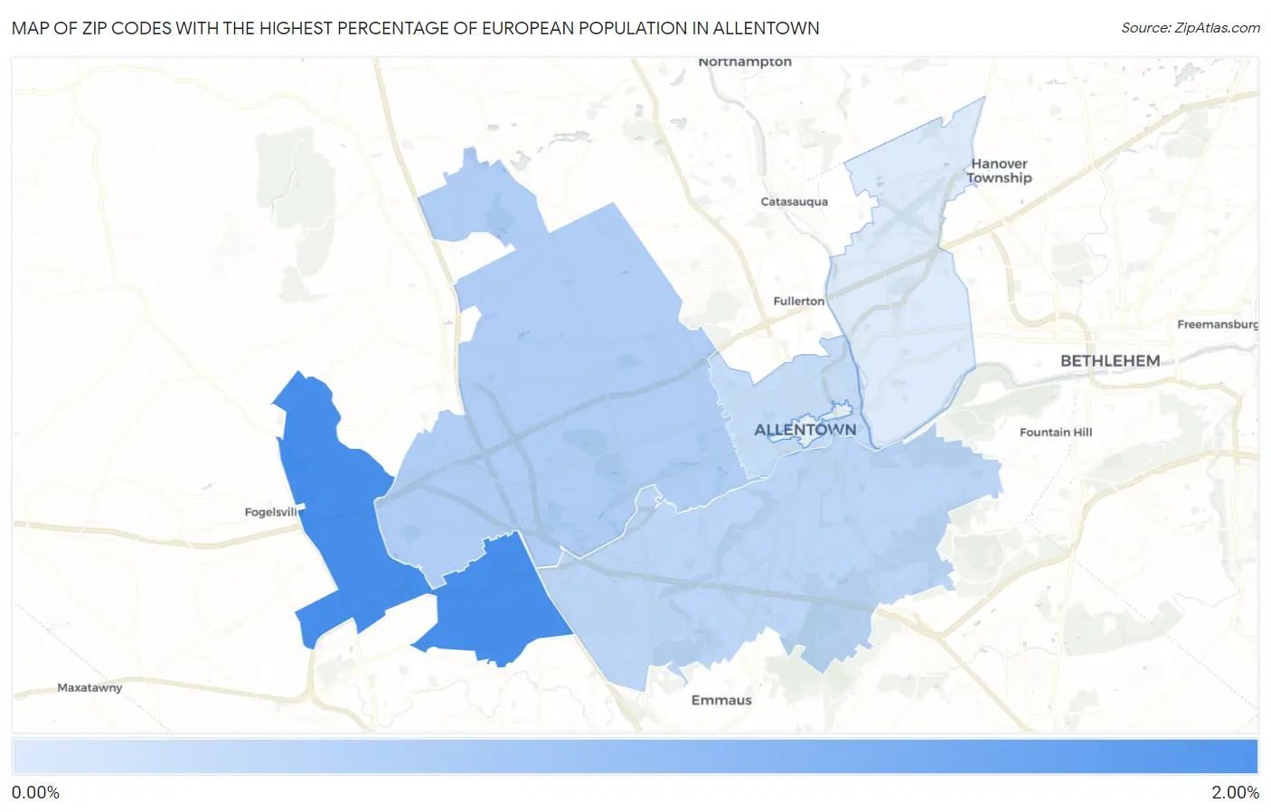 Zip Codes with the Highest Percentage of European Population in Allentown Map