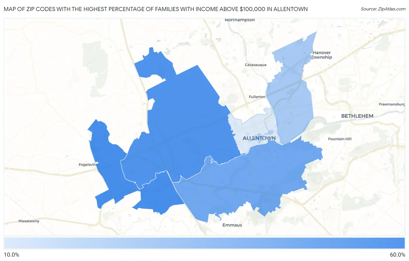 Zip Codes with the Highest Percentage of Families with Income Above $100,000 in Allentown Map