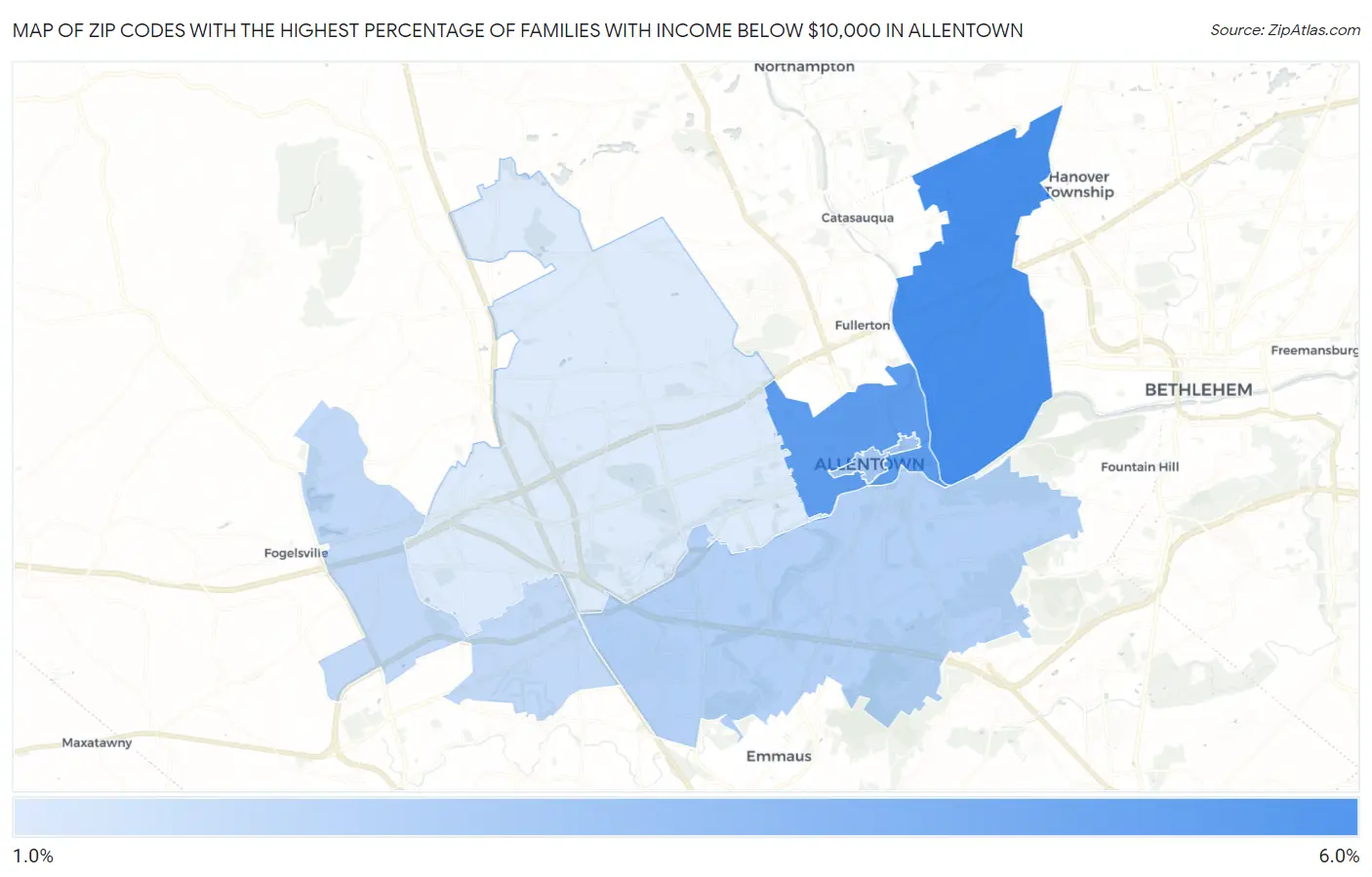 Zip Codes with the Highest Percentage of Families with Income Below $10,000 in Allentown Map