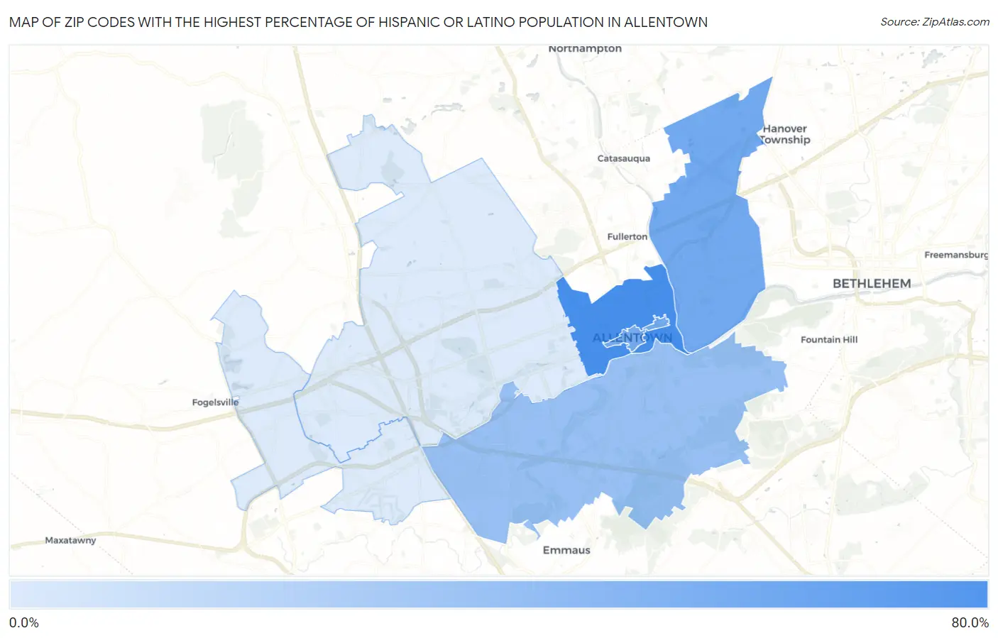 Zip Codes with the Highest Percentage of Hispanic or Latino Population in Allentown Map