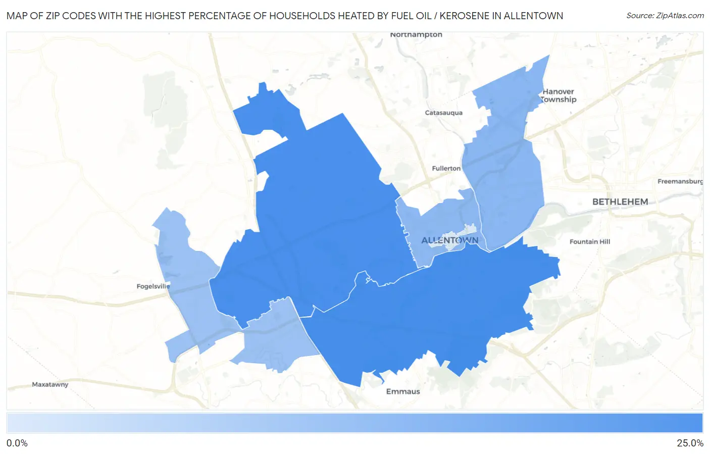 Zip Codes with the Highest Percentage of Households Heated by Fuel Oil / Kerosene in Allentown Map