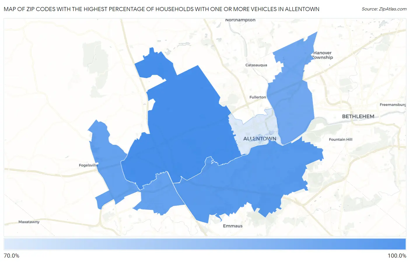 Zip Codes with the Highest Percentage of Households With One or more Vehicles in Allentown Map
