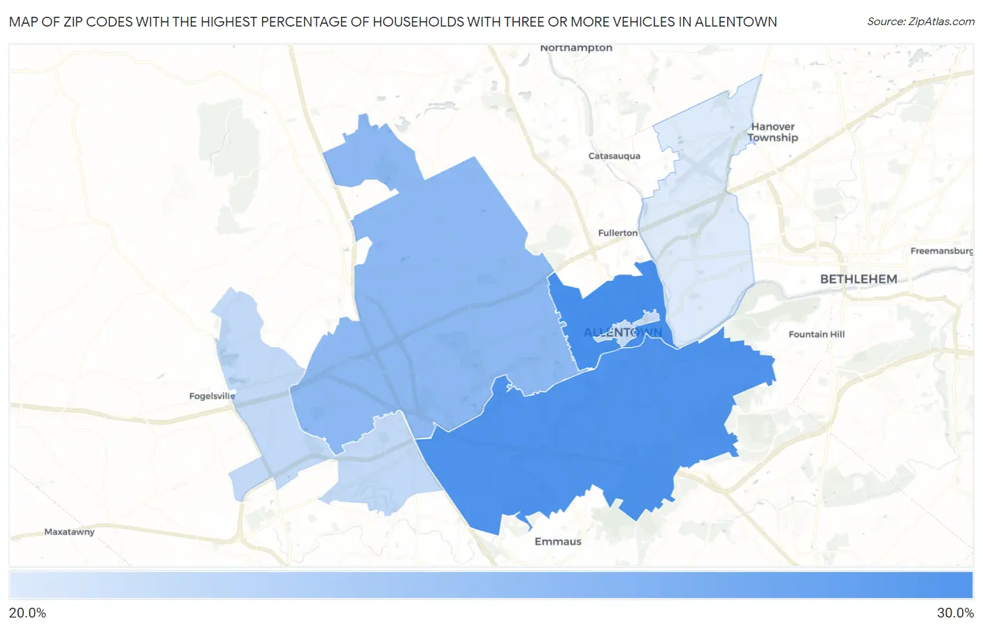 Zip Codes with the Highest Percentage of Households With Three or more Vehicles in Allentown Map