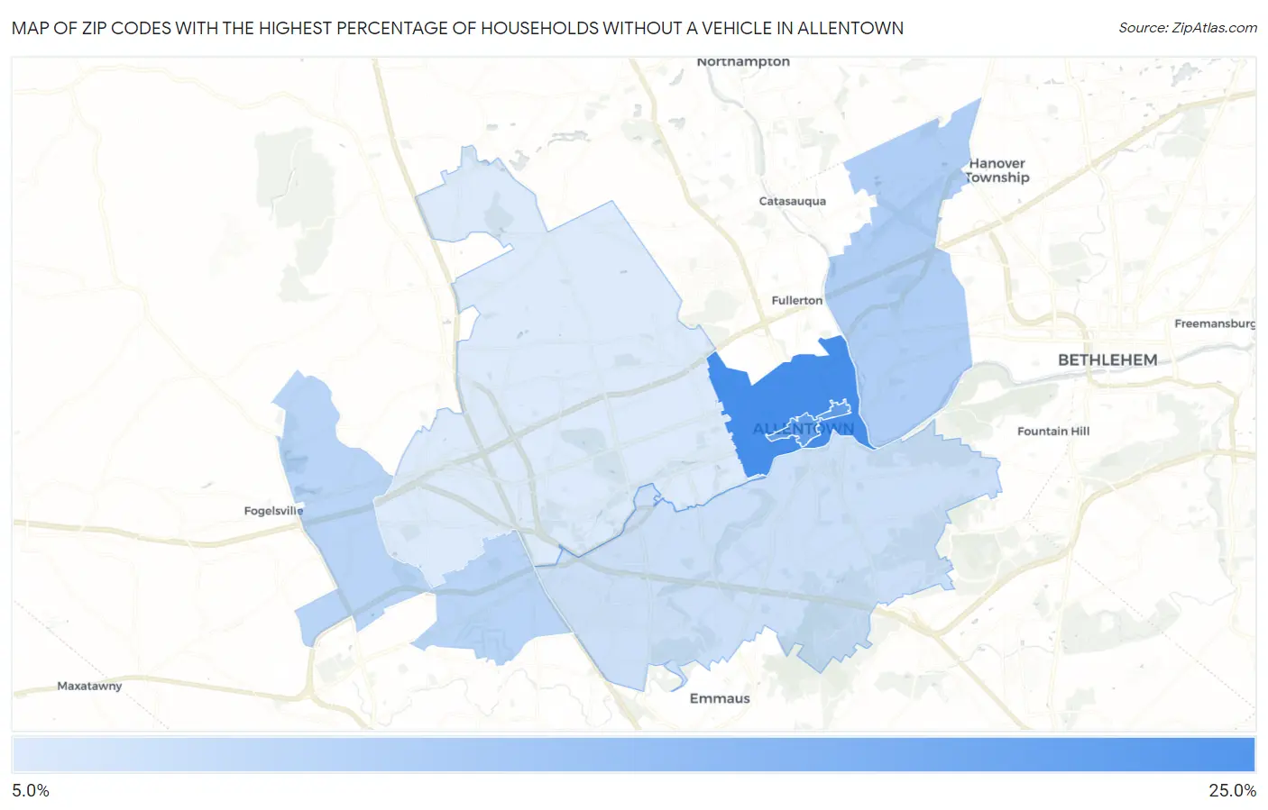Zip Codes with the Highest Percentage of Households Without a Vehicle in Allentown Map