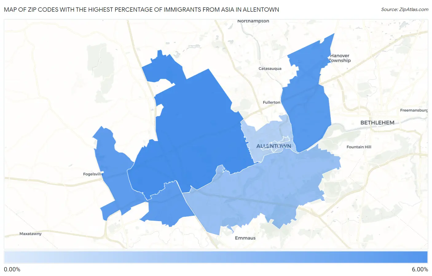 Zip Codes with the Highest Percentage of Immigrants from Asia in Allentown Map