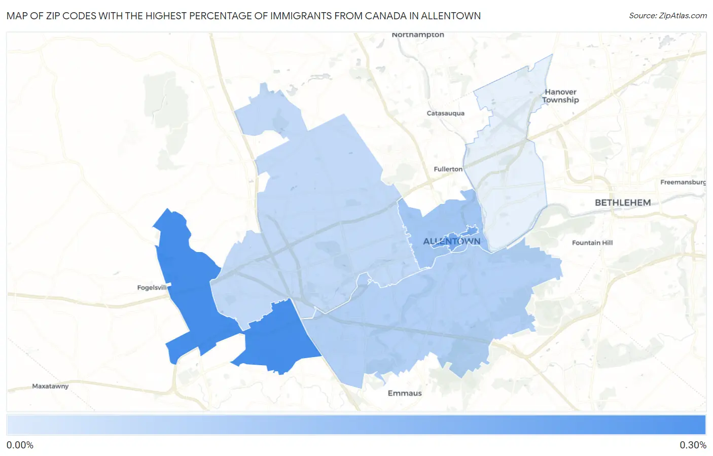 Zip Codes with the Highest Percentage of Immigrants from Canada in Allentown Map