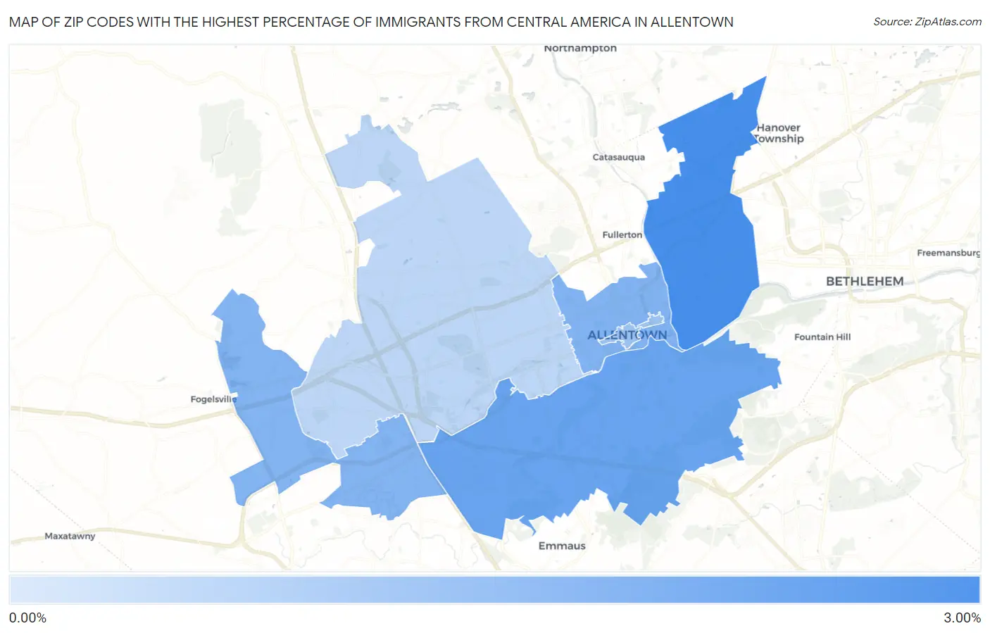 Zip Codes with the Highest Percentage of Immigrants from Central America in Allentown Map