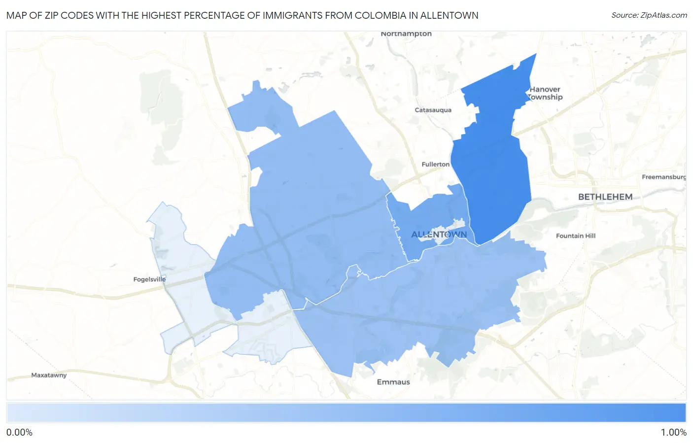 Zip Codes with the Highest Percentage of Immigrants from Colombia in Allentown Map
