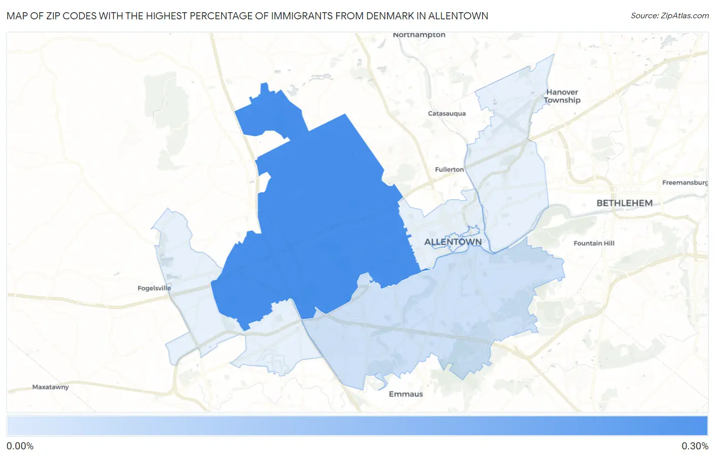 Zip Codes with the Highest Percentage of Immigrants from Denmark in Allentown Map