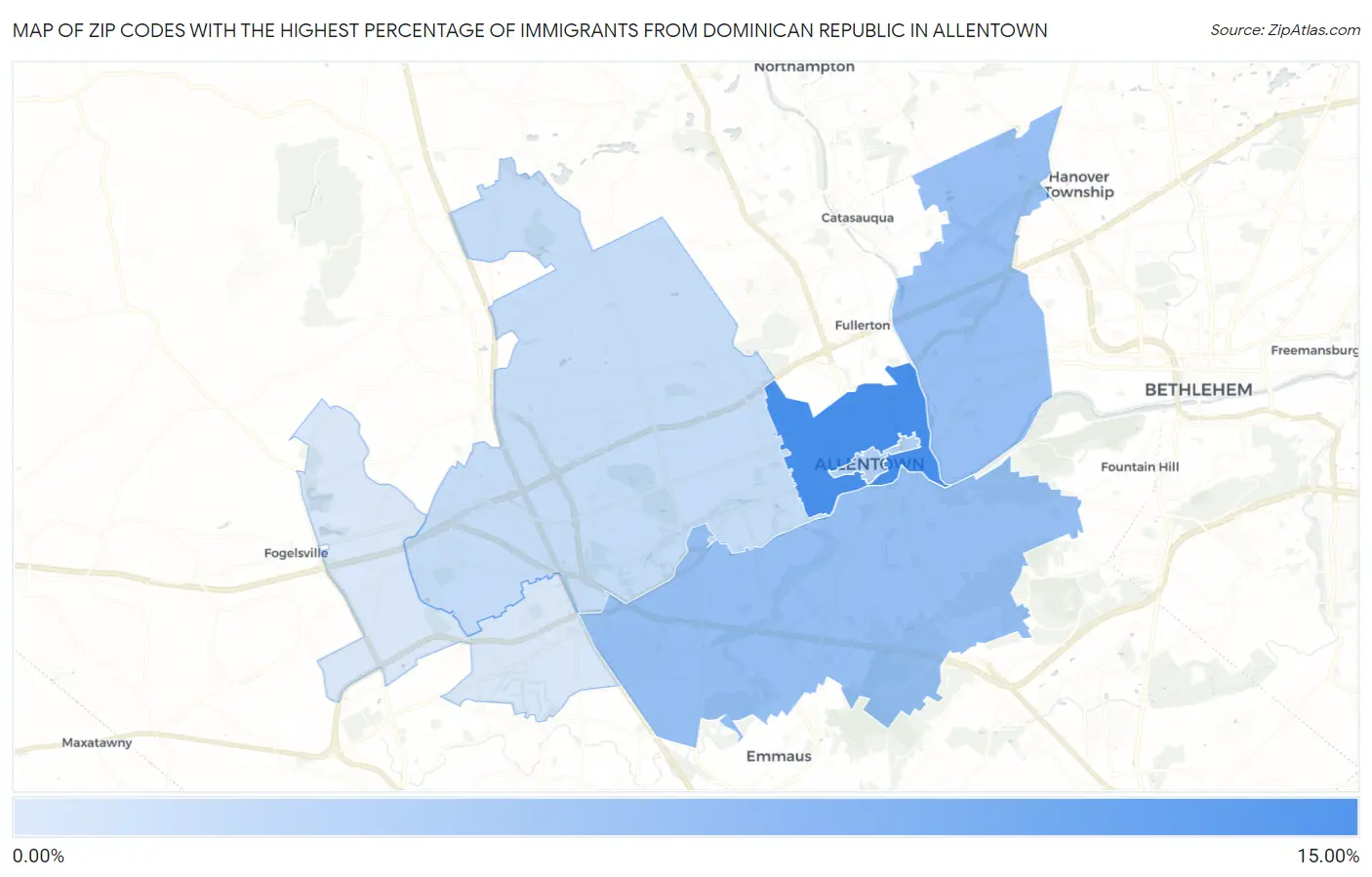 Zip Codes with the Highest Percentage of Immigrants from Dominican Republic in Allentown Map
