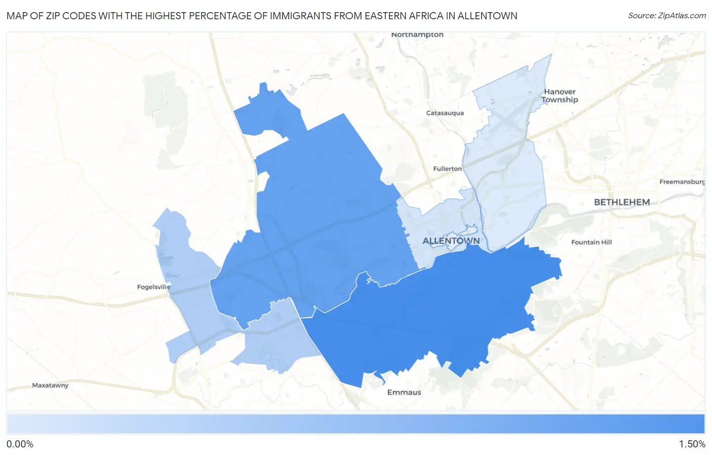Zip Codes with the Highest Percentage of Immigrants from Eastern Africa in Allentown Map