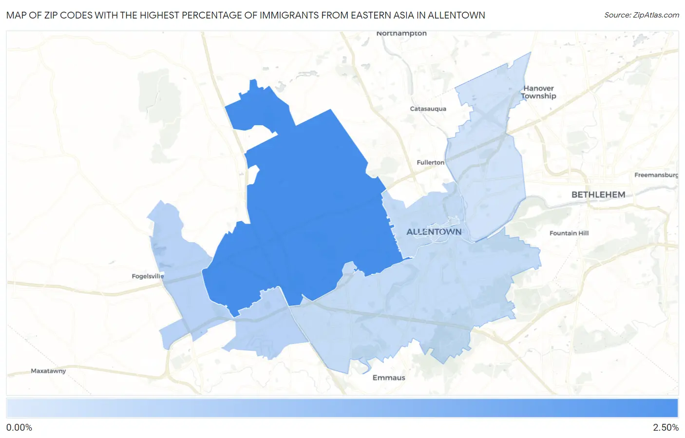 Zip Codes with the Highest Percentage of Immigrants from Eastern Asia in Allentown Map