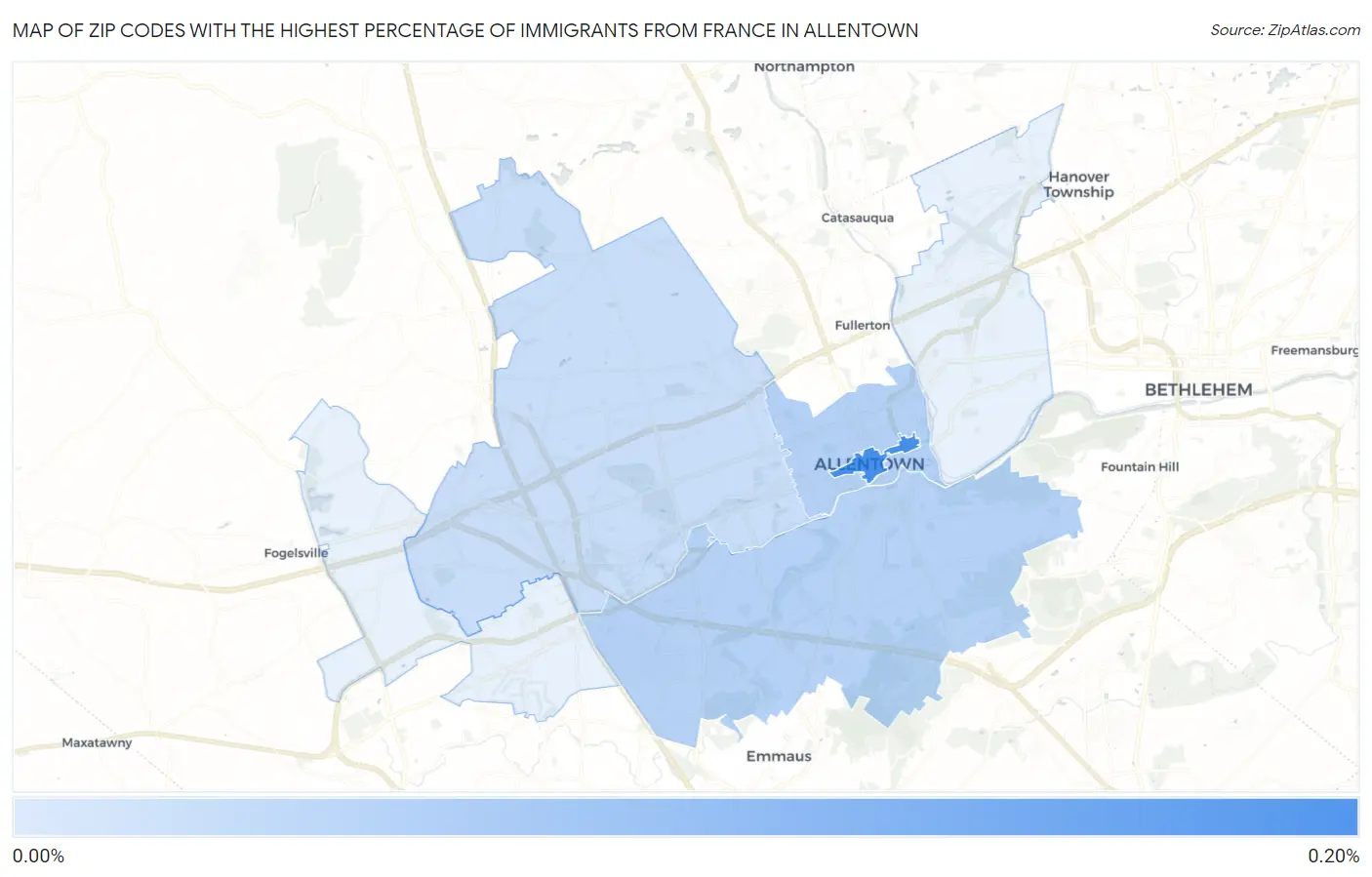 Zip Codes with the Highest Percentage of Immigrants from France in Allentown Map