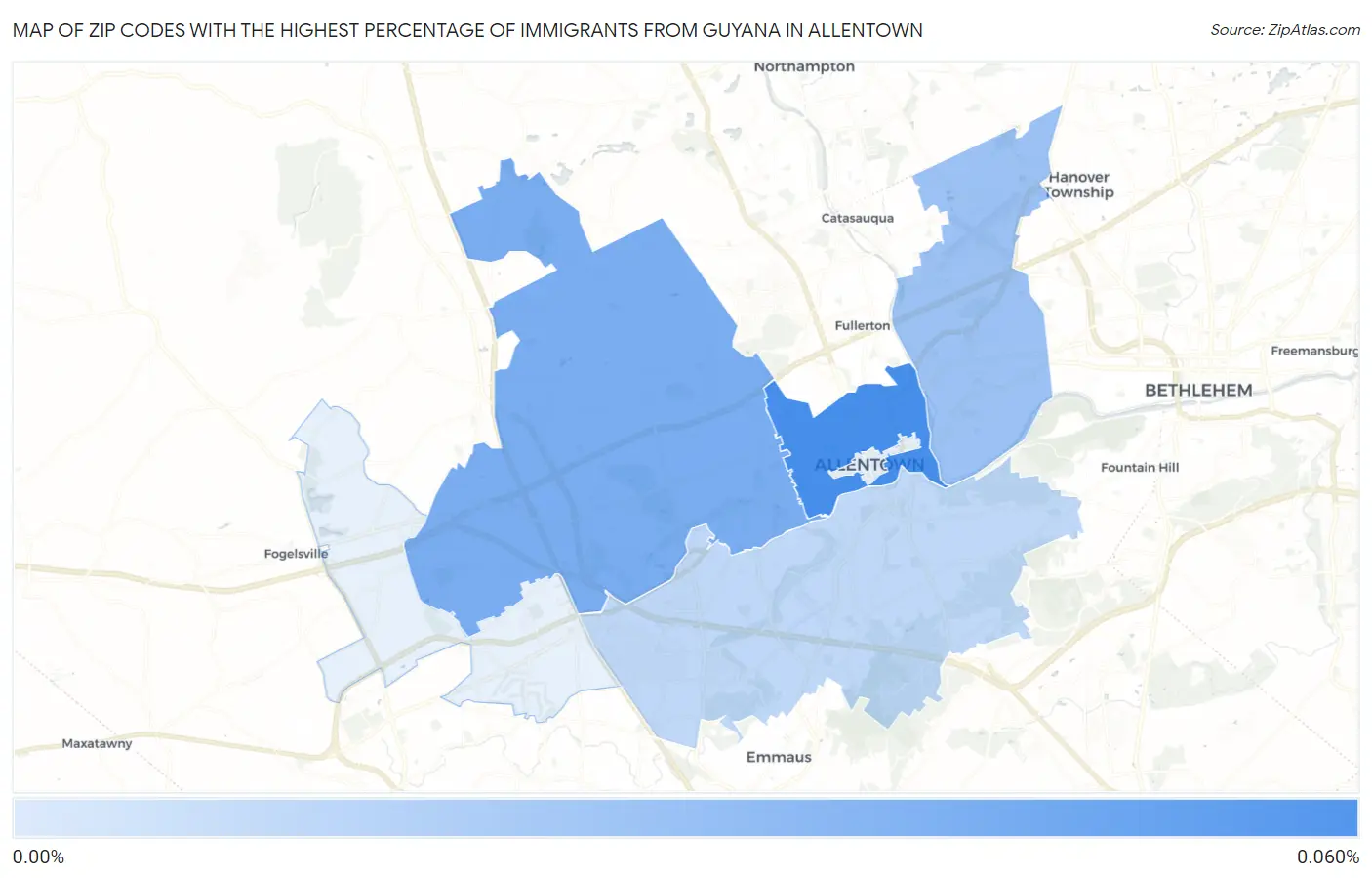 Zip Codes with the Highest Percentage of Immigrants from Guyana in Allentown Map