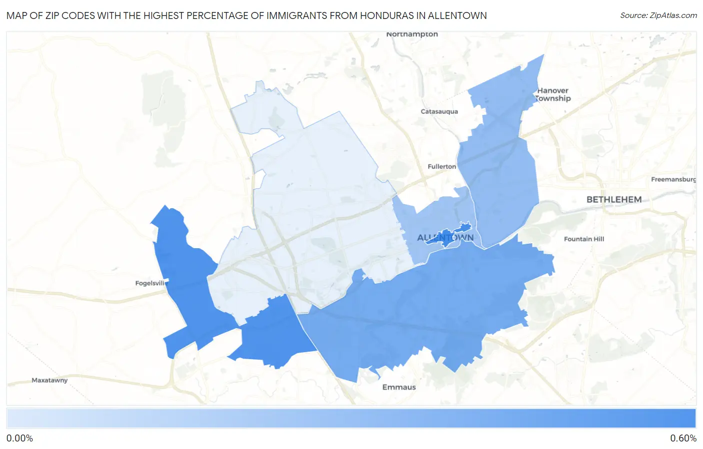 Zip Codes with the Highest Percentage of Immigrants from Honduras in Allentown Map