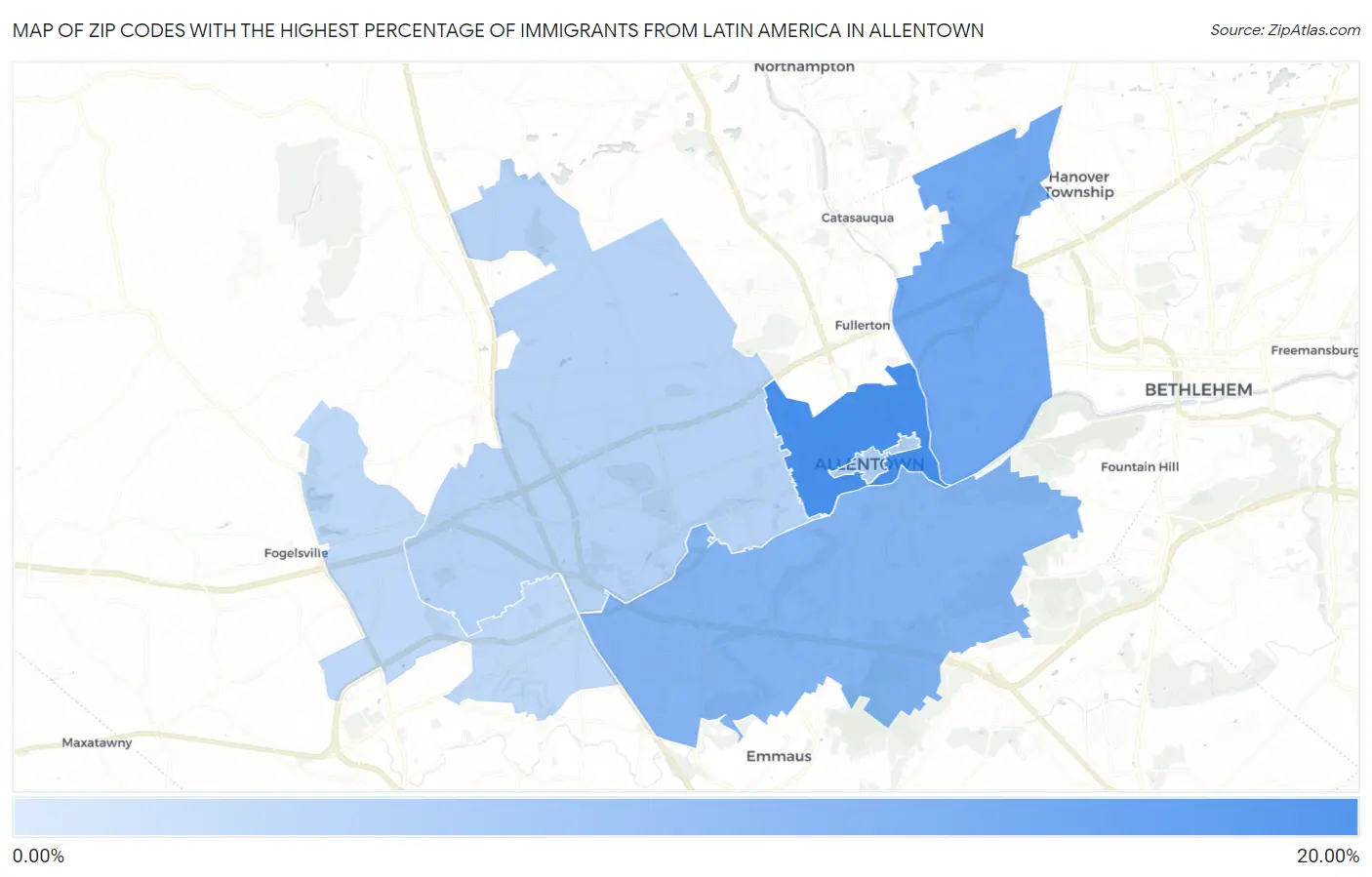 Zip Codes with the Highest Percentage of Immigrants from Latin America in Allentown Map