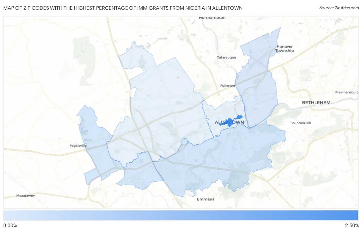 Zip Codes with the Highest Percentage of Immigrants from Nigeria in Allentown Map