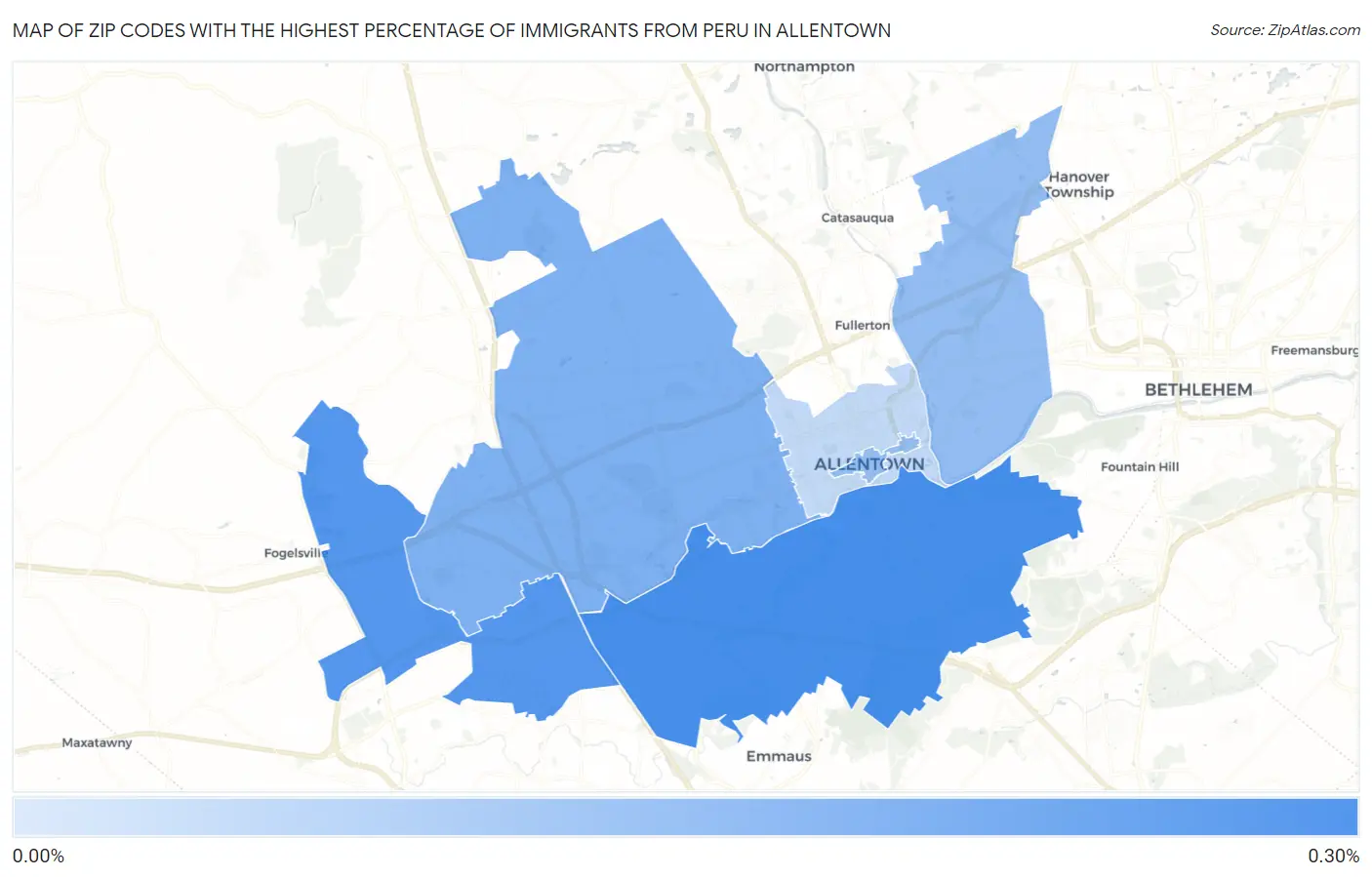 Zip Codes with the Highest Percentage of Immigrants from Peru in Allentown Map