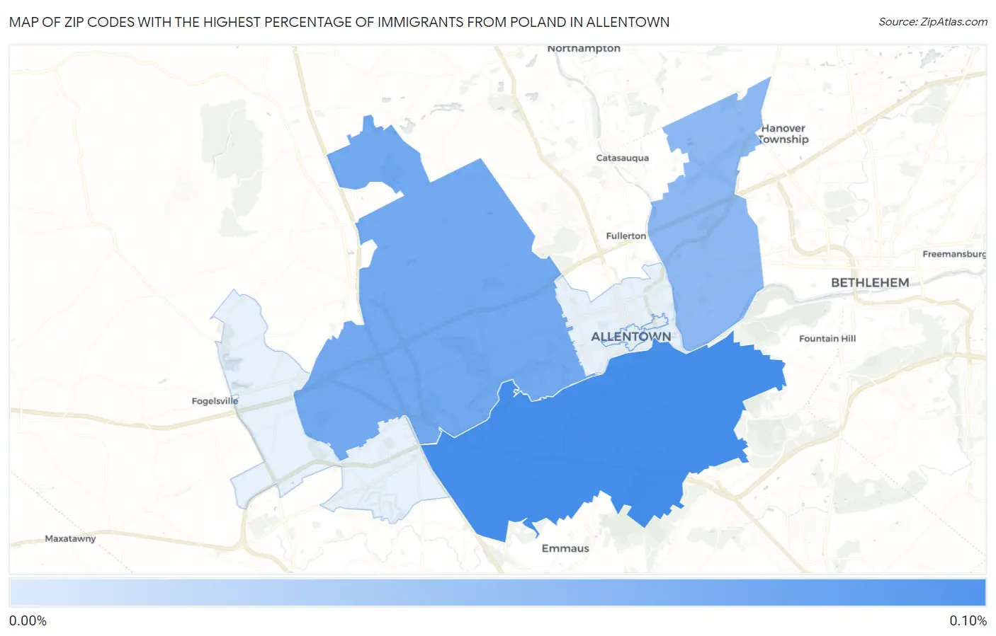 Zip Codes with the Highest Percentage of Immigrants from Poland in Allentown Map