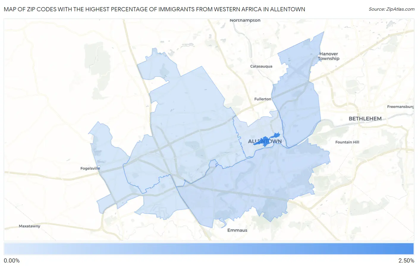 Zip Codes with the Highest Percentage of Immigrants from Western Africa in Allentown Map