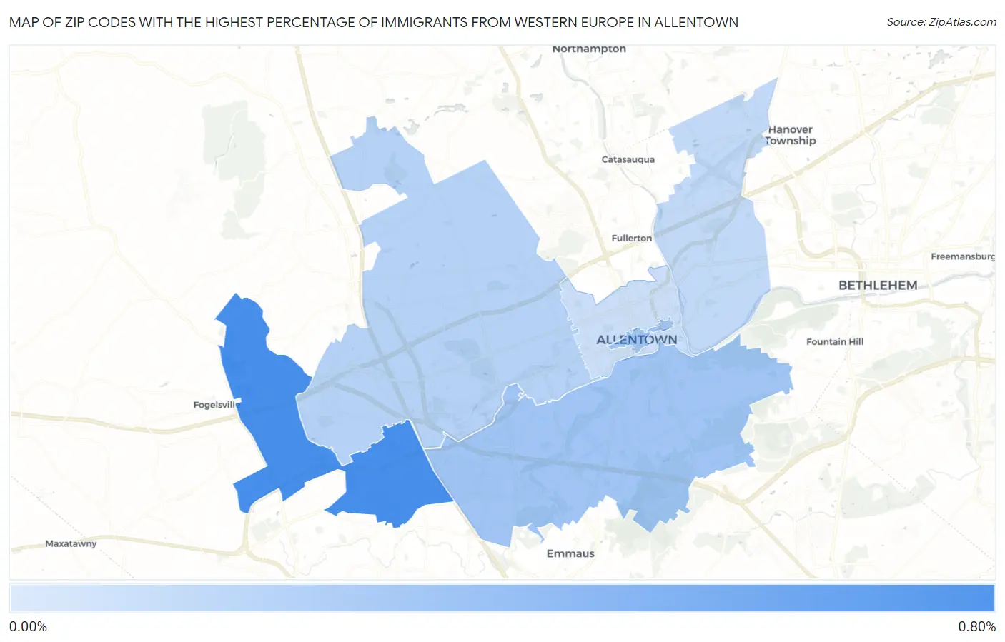 Zip Codes with the Highest Percentage of Immigrants from Western Europe in Allentown Map