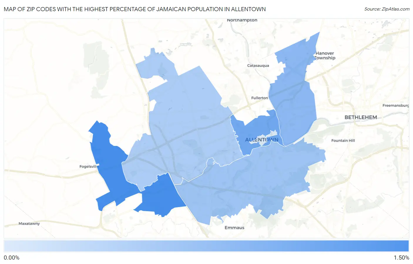 Zip Codes with the Highest Percentage of Jamaican Population in Allentown Map