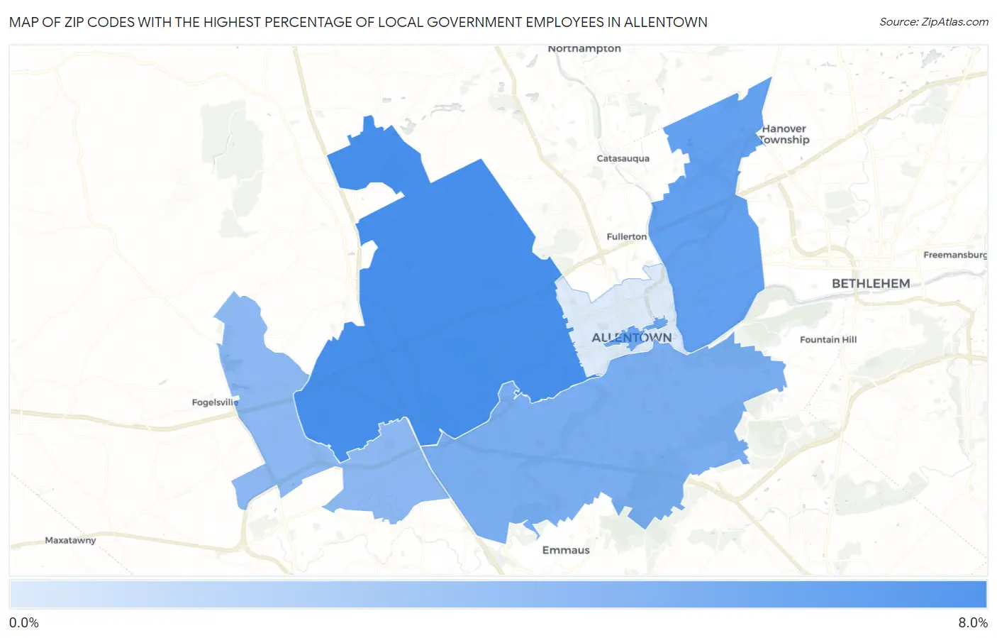 Zip Codes with the Highest Percentage of Local Government Employees in Allentown Map