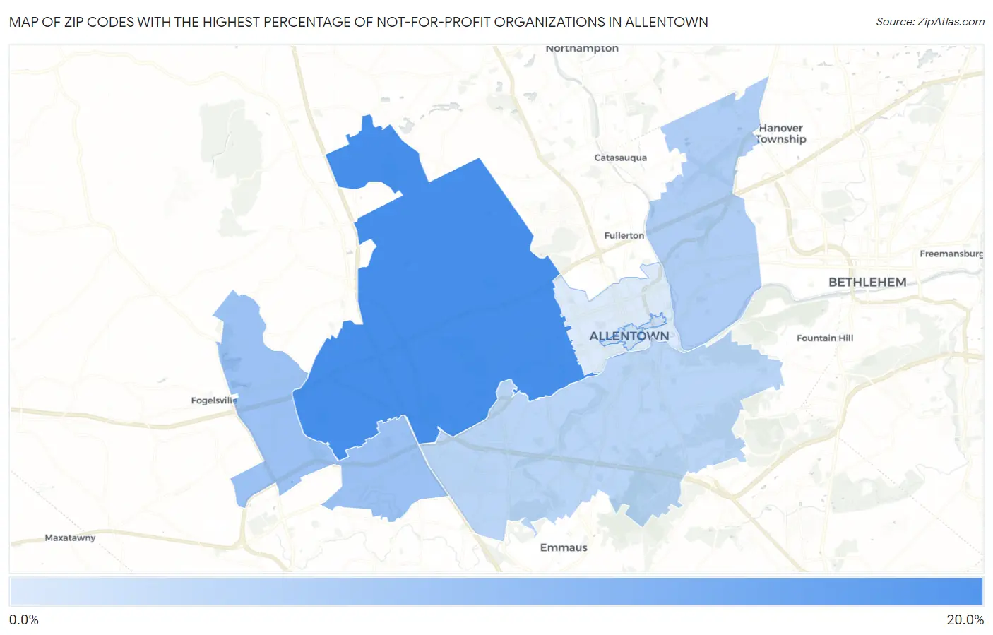 Zip Codes with the Highest Percentage of Not-for-profit Organizations in Allentown Map