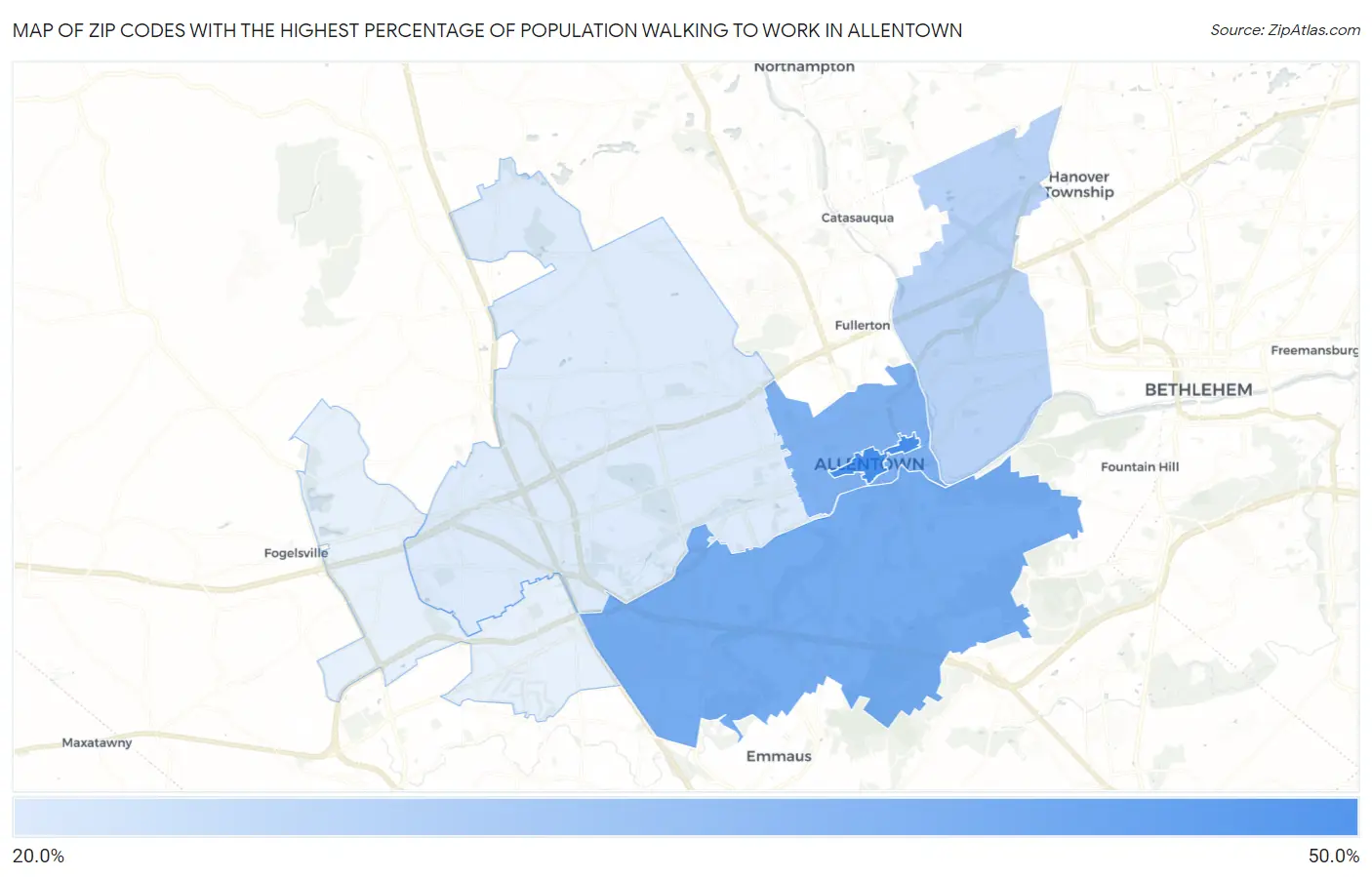 Zip Codes with the Highest Percentage of Population Walking to Work in Allentown Map