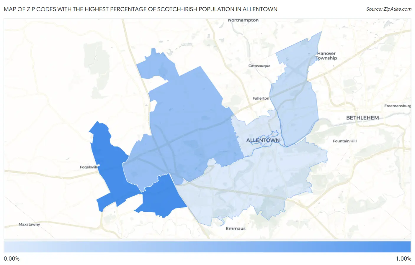Zip Codes with the Highest Percentage of Scotch-Irish Population in Allentown Map
