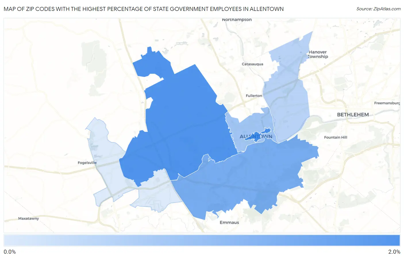 Zip Codes with the Highest Percentage of State Government Employees in Allentown Map