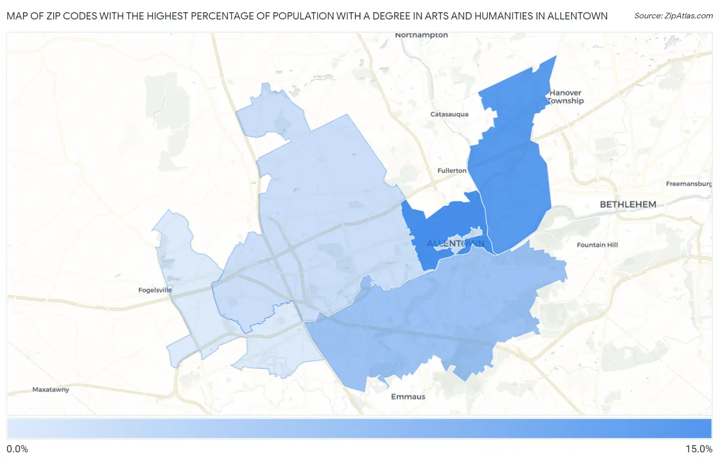 Zip Codes with the Highest Percentage of Population with a Degree in Arts and Humanities in Allentown Map