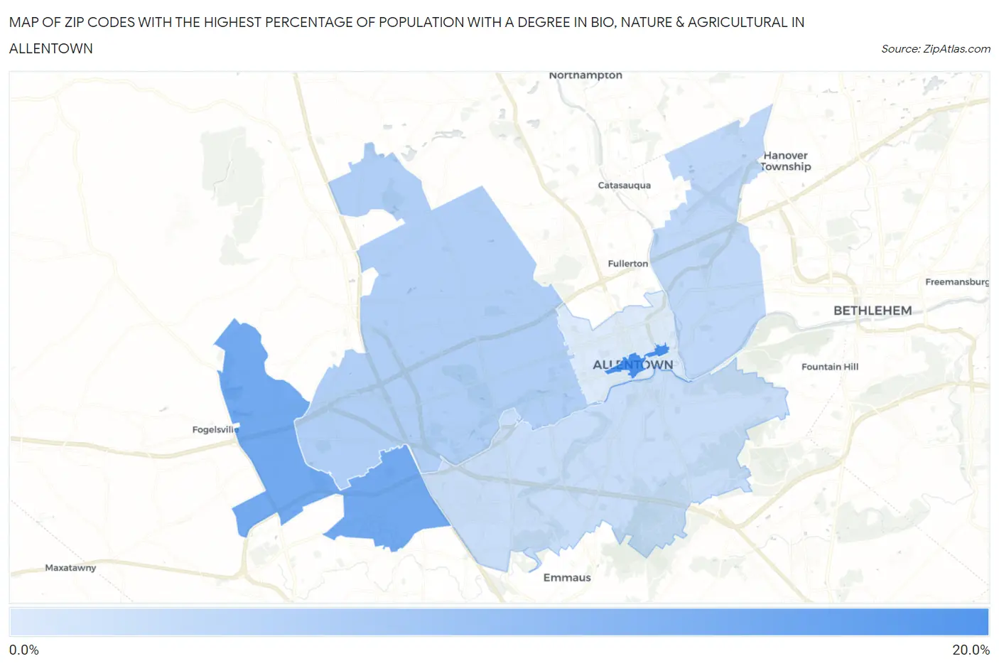 Zip Codes with the Highest Percentage of Population with a Degree in Bio, Nature & Agricultural in Allentown Map