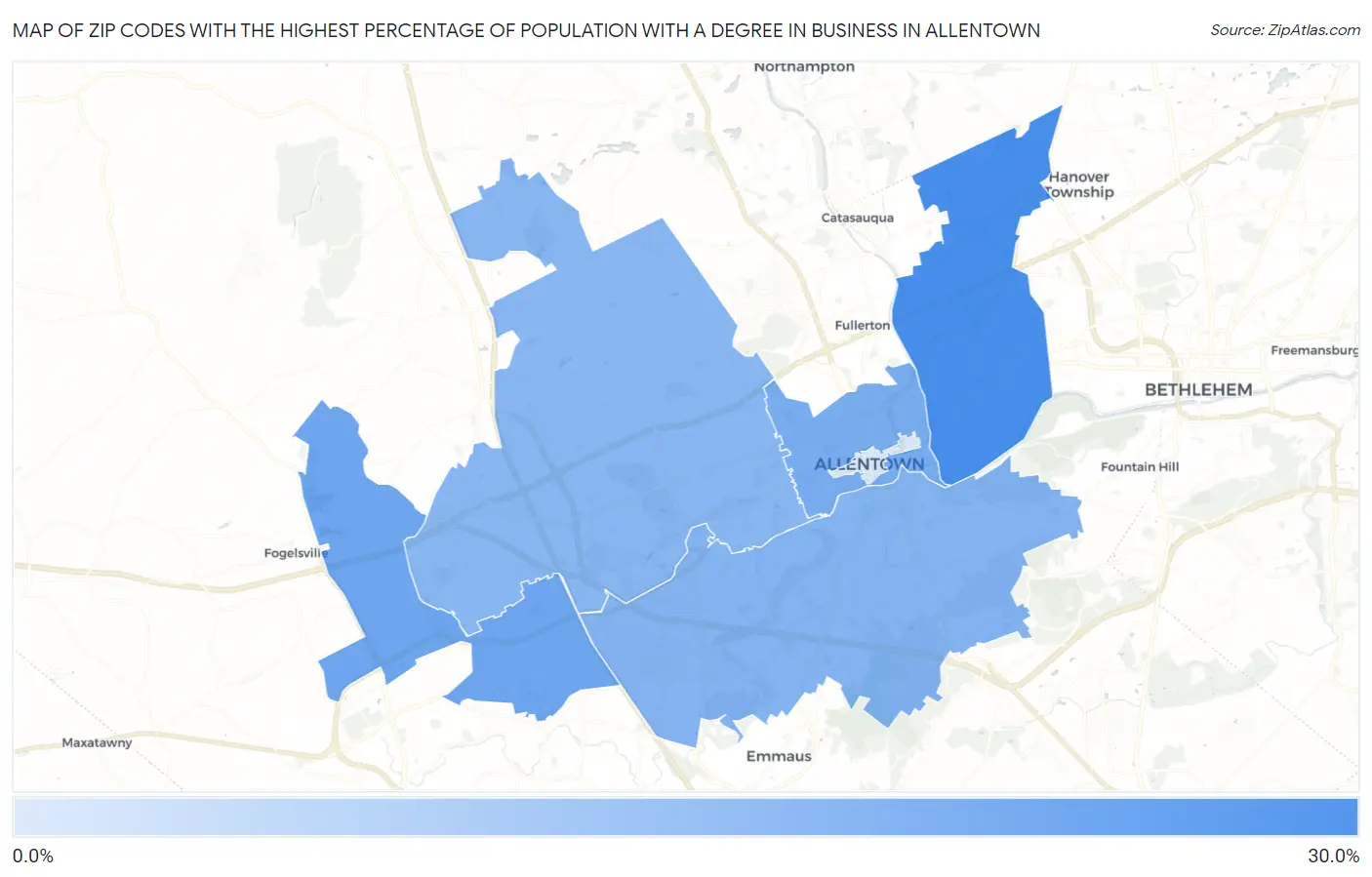 Zip Codes with the Highest Percentage of Population with a Degree in Business in Allentown Map