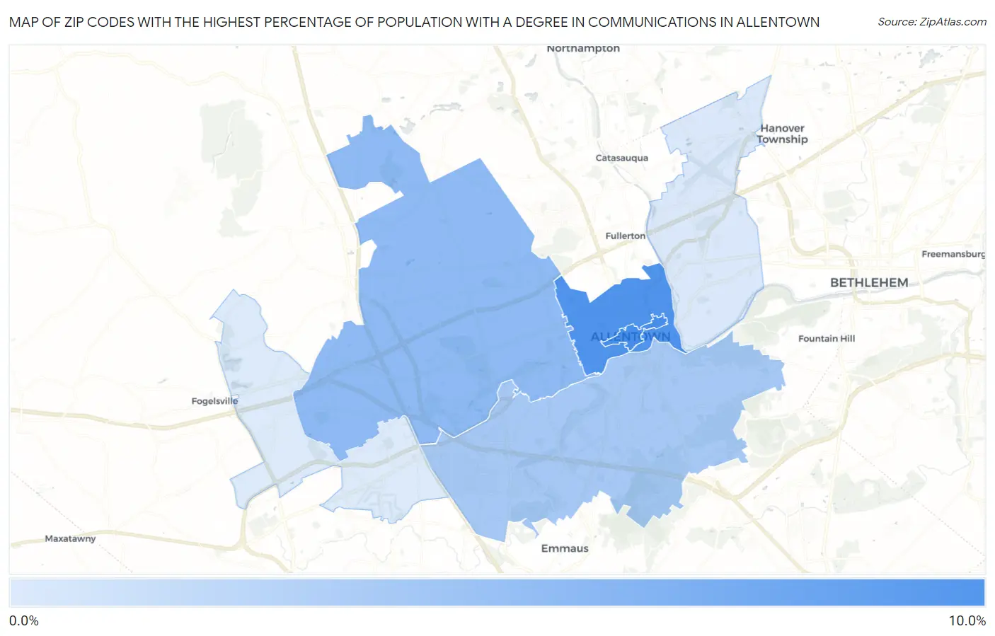 Zip Codes with the Highest Percentage of Population with a Degree in Communications in Allentown Map