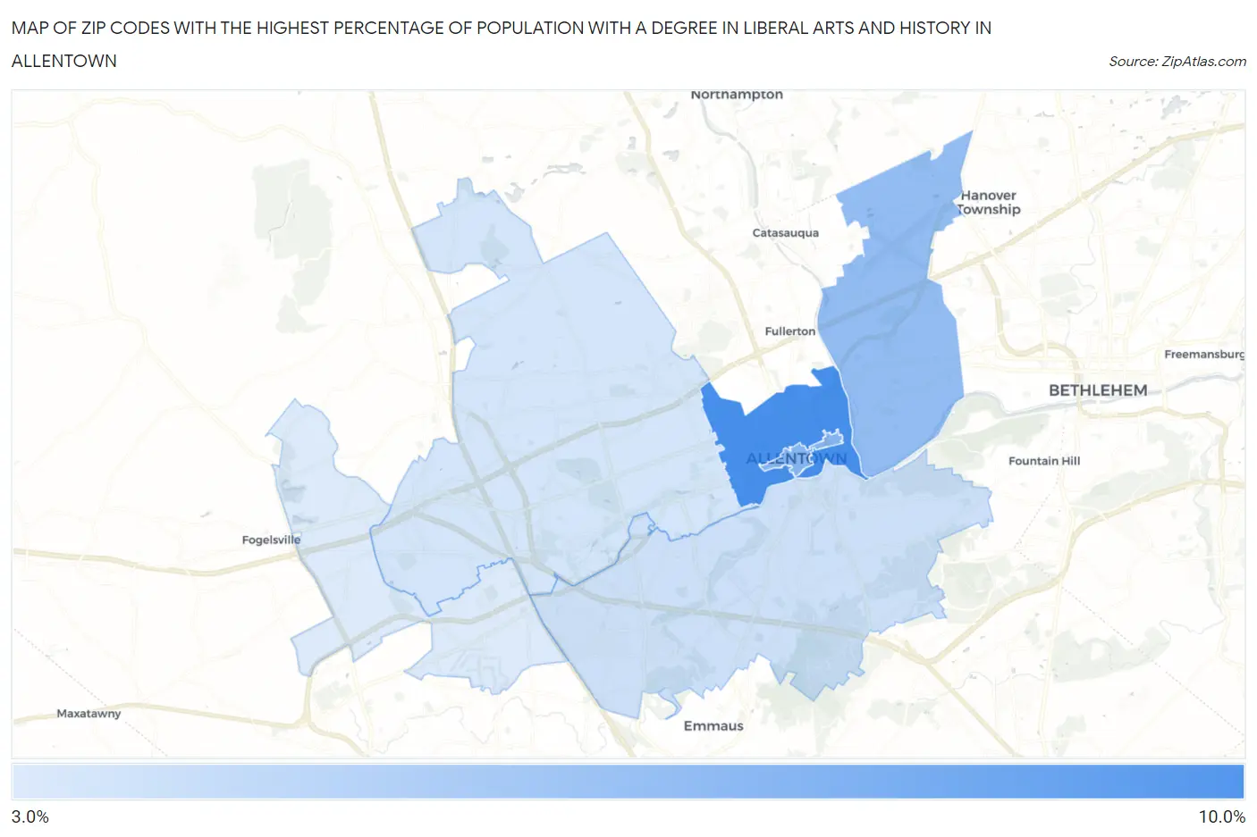 Zip Codes with the Highest Percentage of Population with a Degree in Liberal Arts and History in Allentown Map