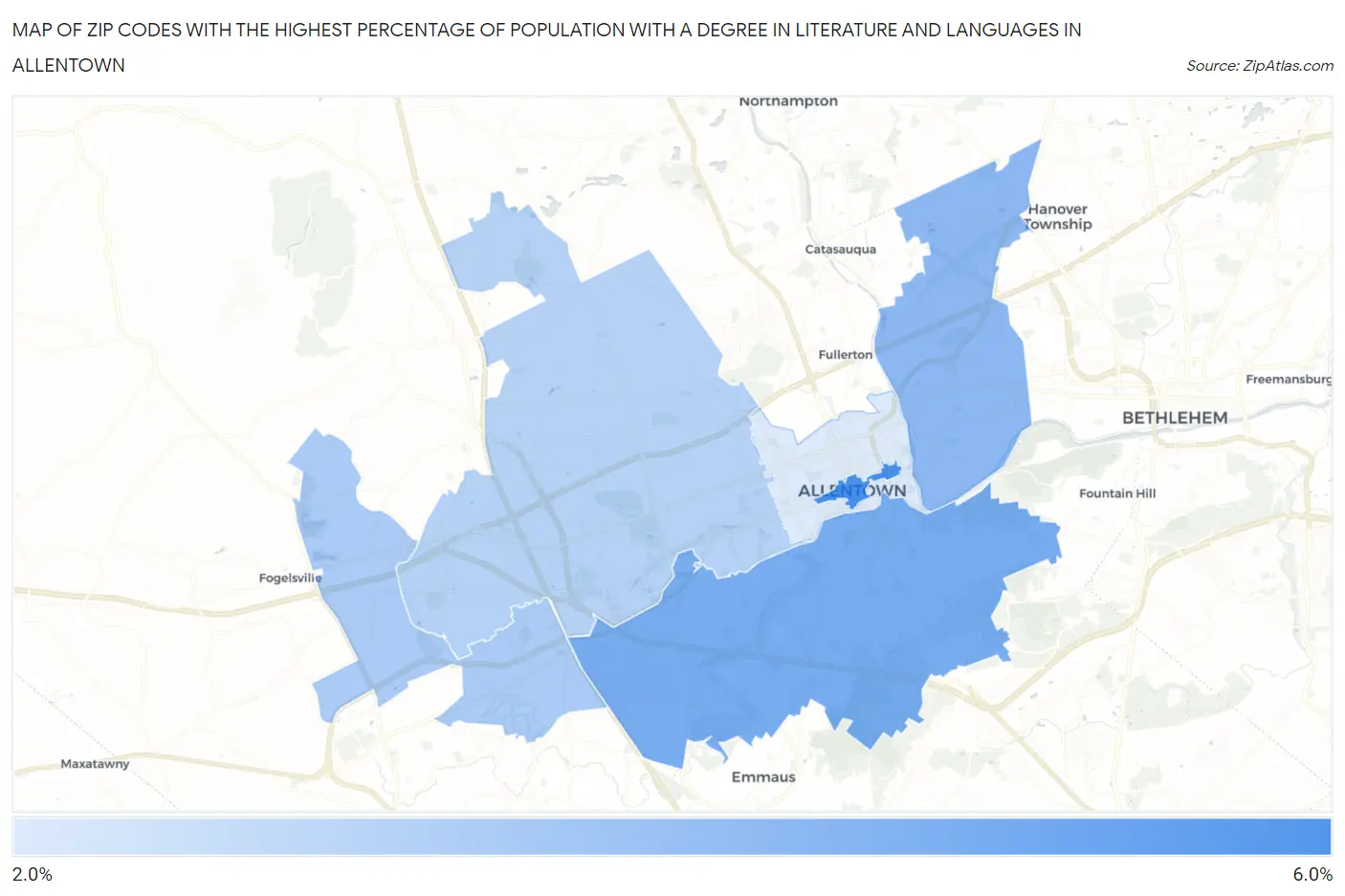 Zip Codes with the Highest Percentage of Population with a Degree in Literature and Languages in Allentown Map
