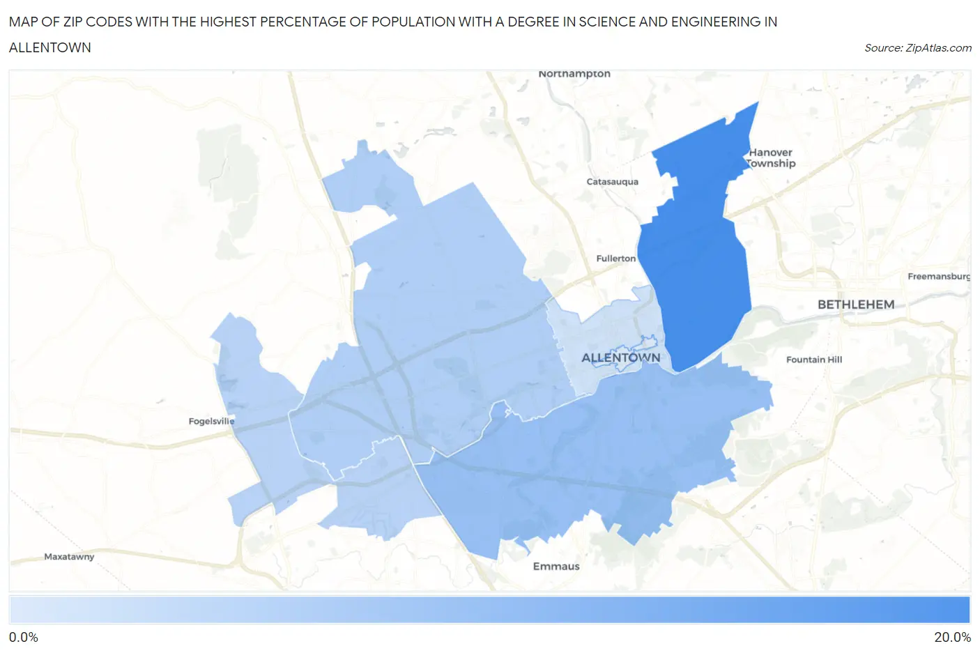 Zip Codes with the Highest Percentage of Population with a Degree in Science and Engineering in Allentown Map