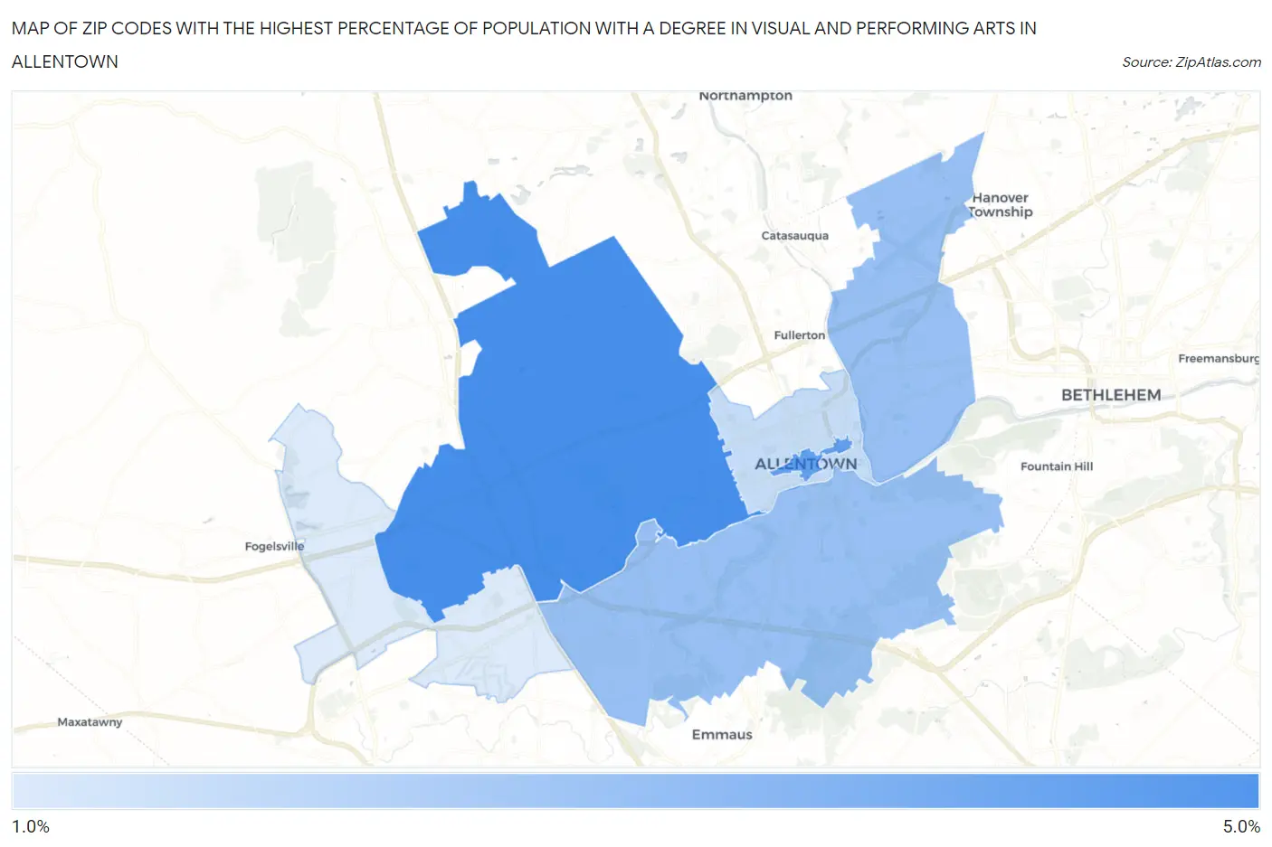 Zip Codes with the Highest Percentage of Population with a Degree in Visual and Performing Arts in Allentown Map