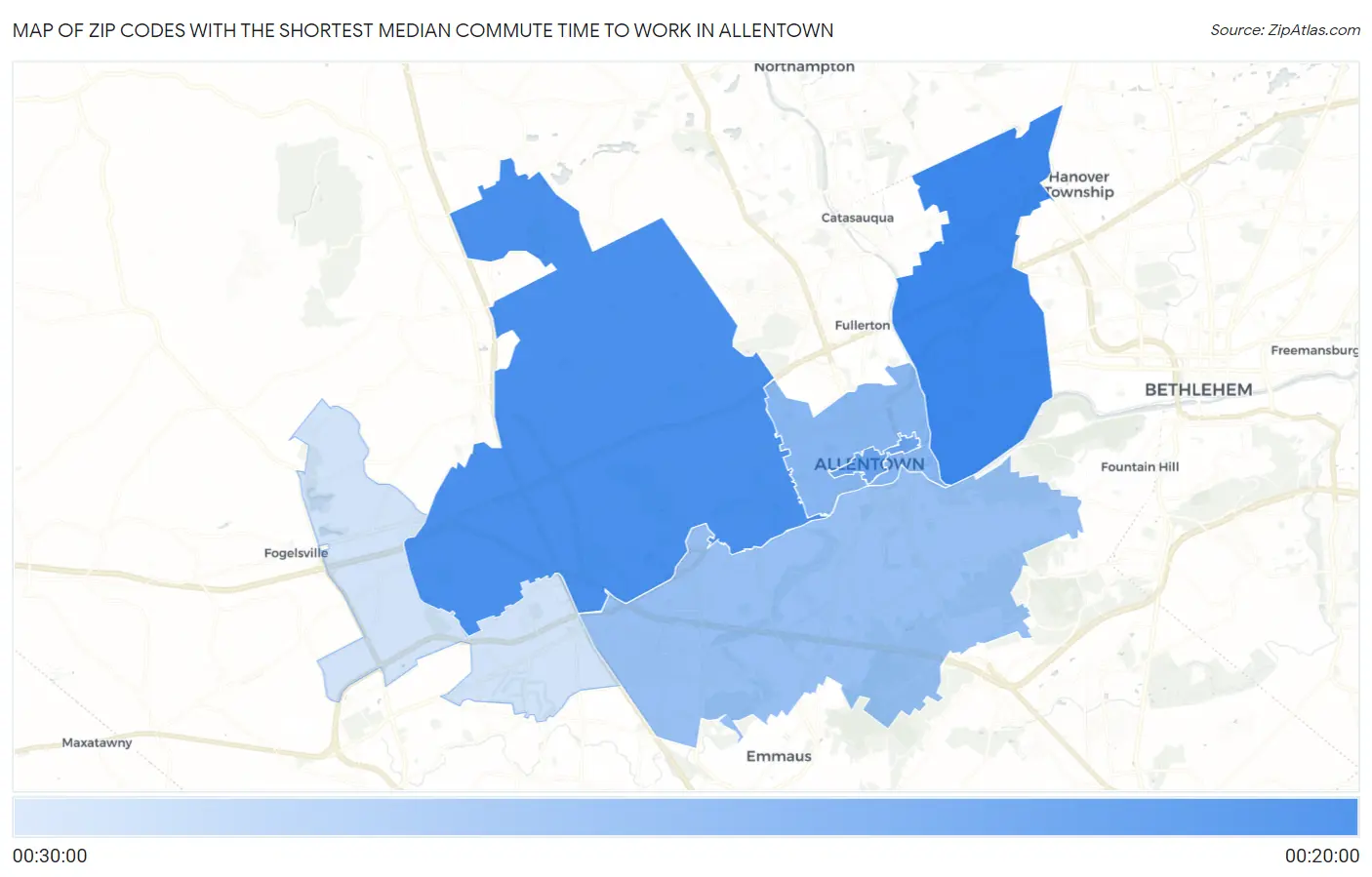 Zip Codes with the Shortest Median Commute Time to Work in Allentown Map