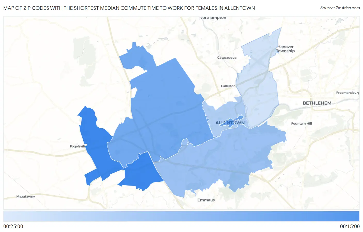 Zip Codes with the Shortest Median Commute Time to Work for Females in Allentown Map