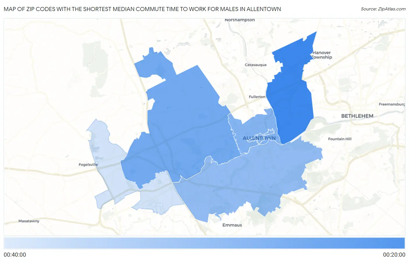 Zip Codes with the Shortest Median Commute Time to Work for Males in Allentown Map