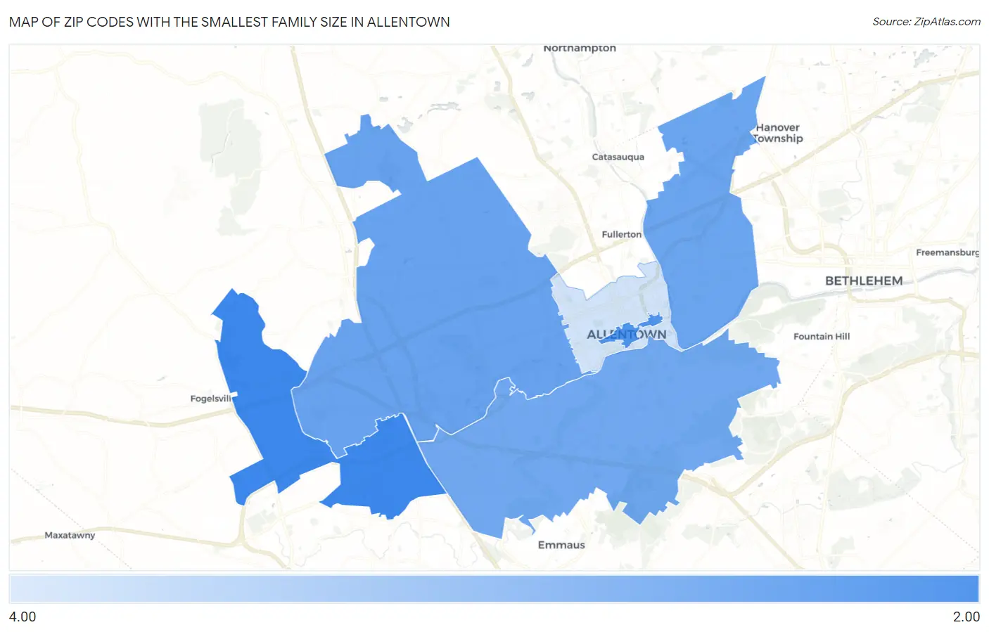 Zip Codes with the Smallest Family Size in Allentown Map