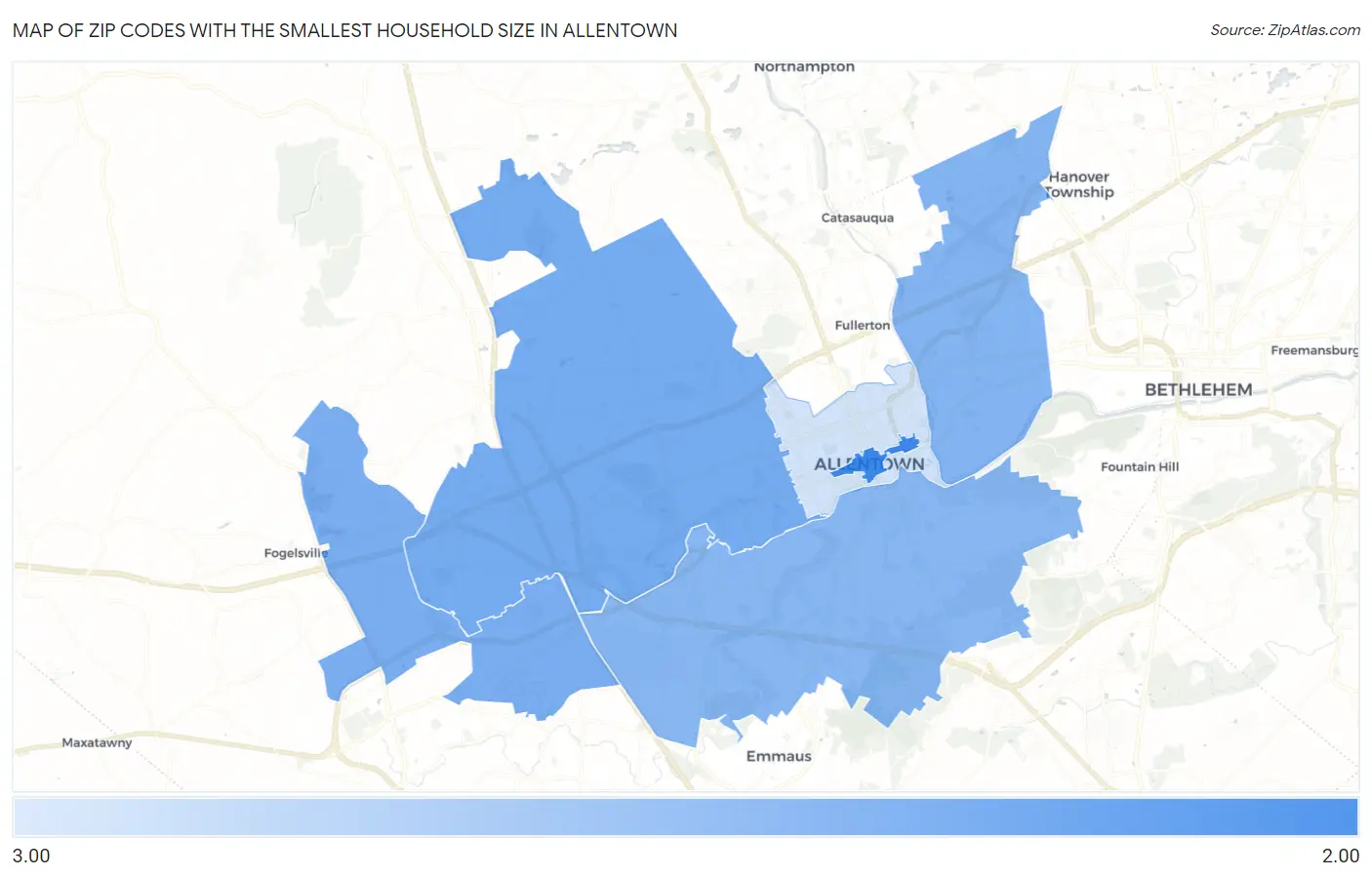 Zip Codes with the Smallest Household Size in Allentown Map