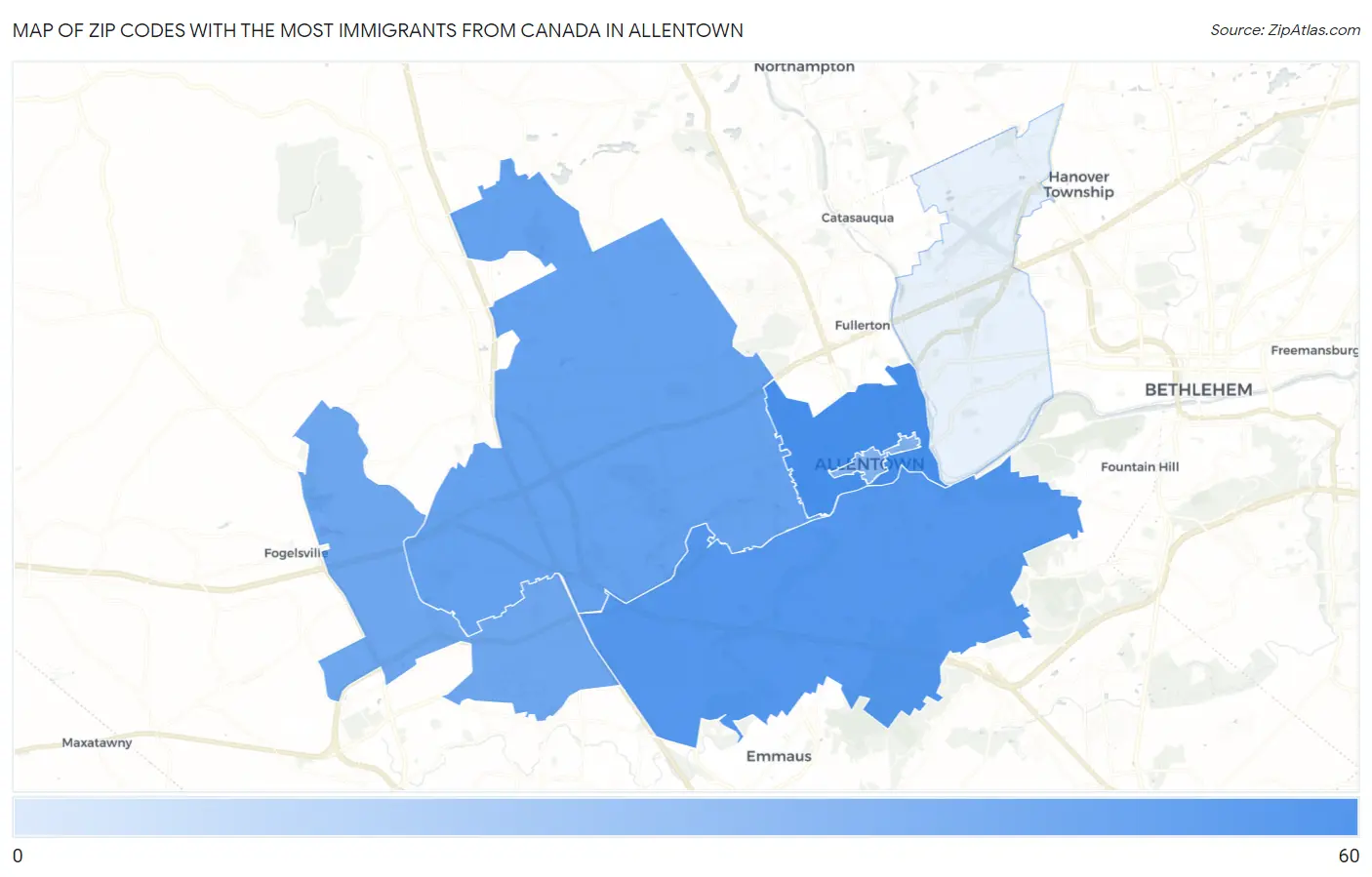 Zip Codes with the Most Immigrants from Canada in Allentown Map