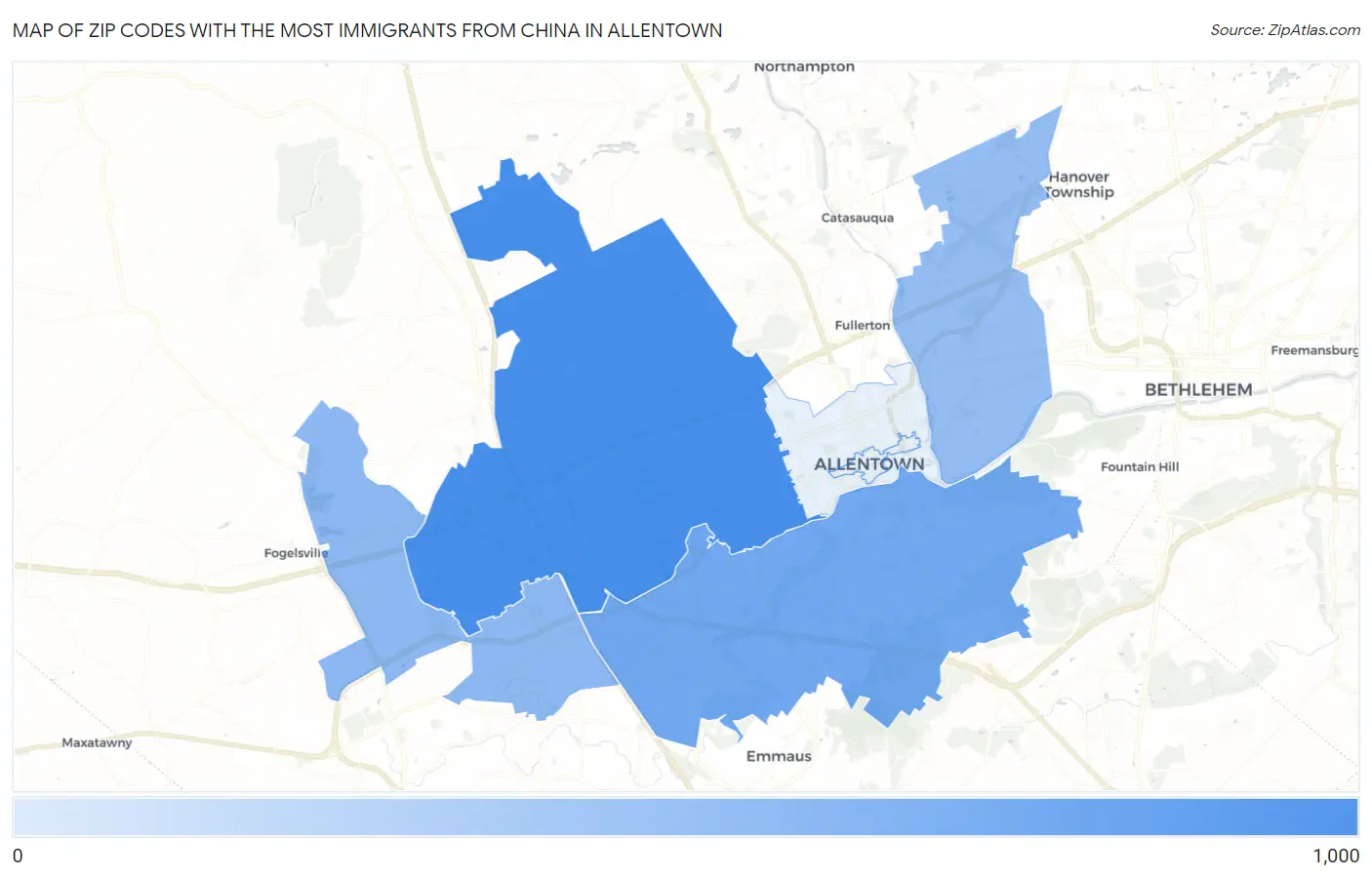 Zip Codes with the Most Immigrants from China in Allentown Map