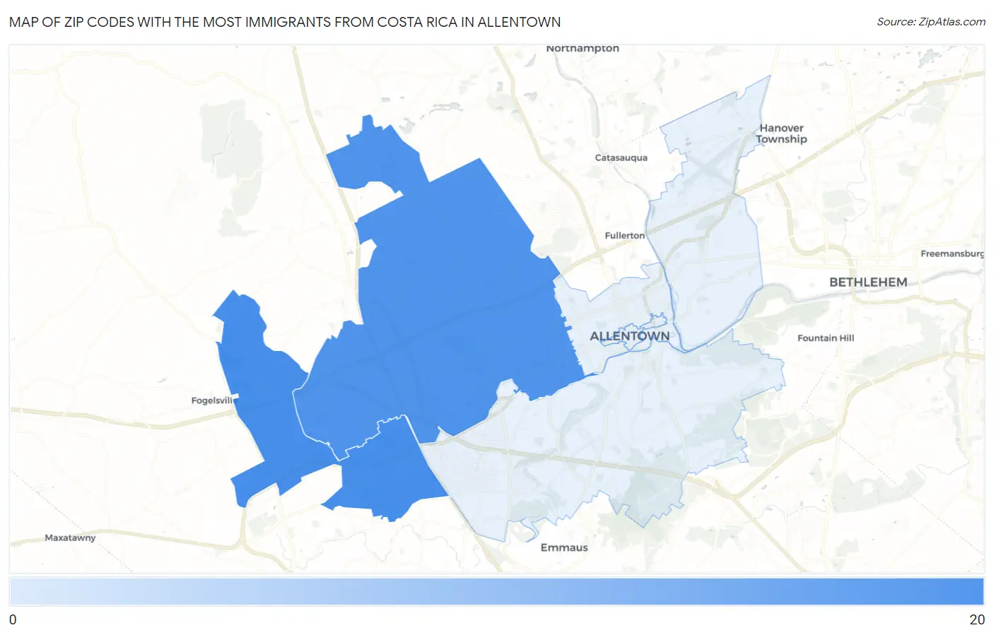 Zip Codes with the Most Immigrants from Costa Rica in Allentown Map