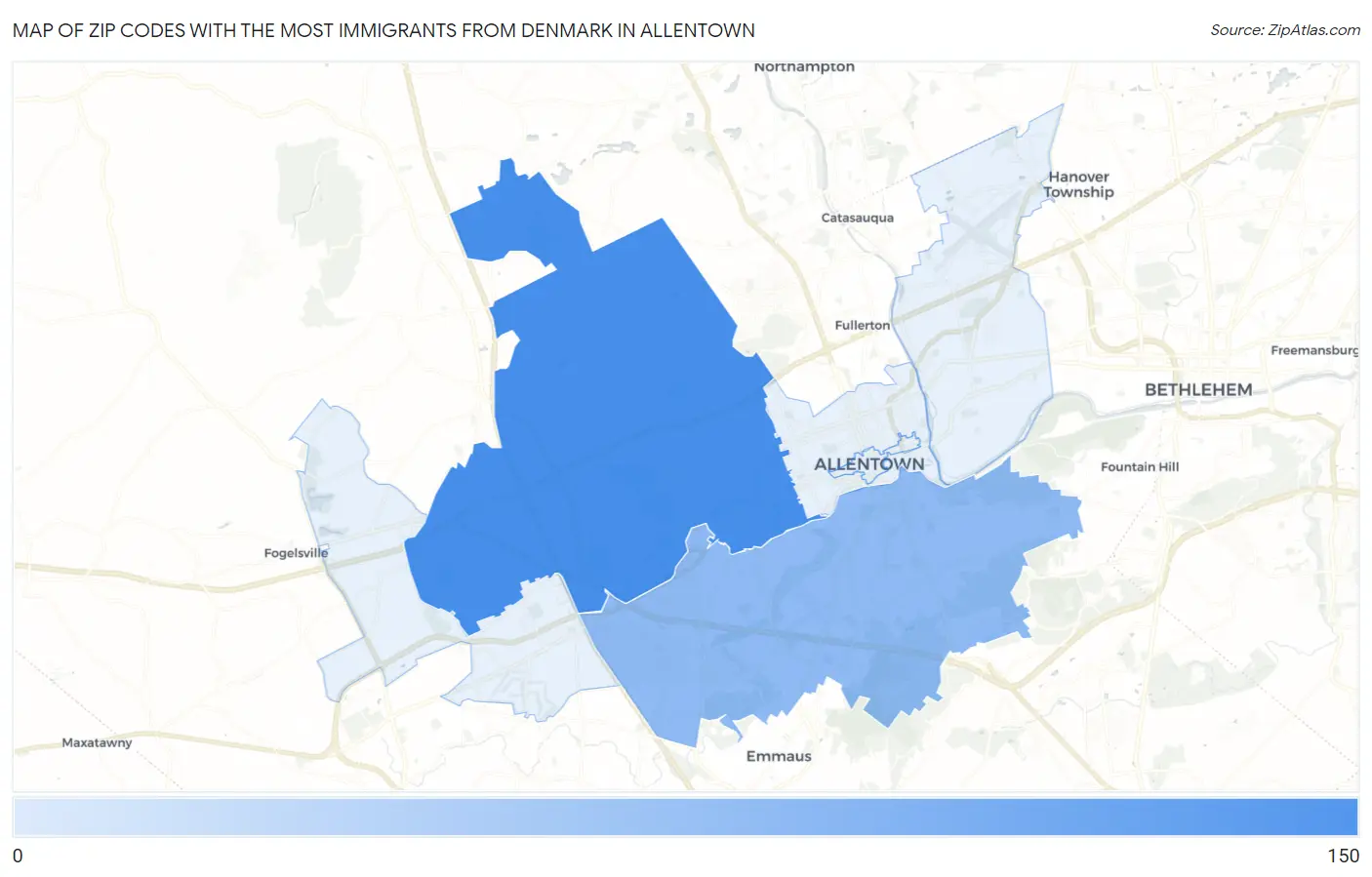 Zip Codes with the Most Immigrants from Denmark in Allentown Map