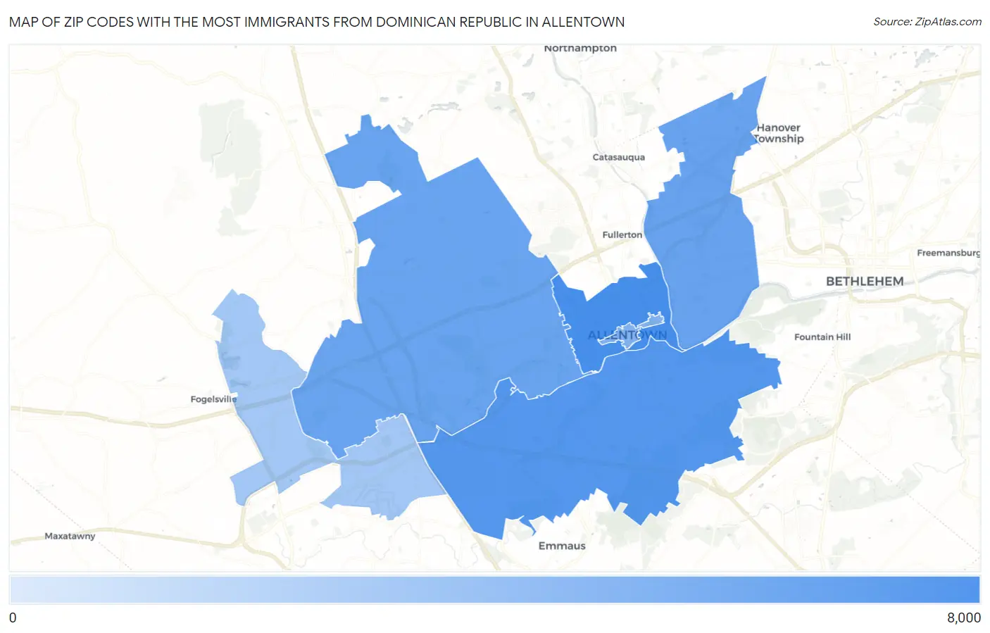 Zip Codes with the Most Immigrants from Dominican Republic in Allentown Map